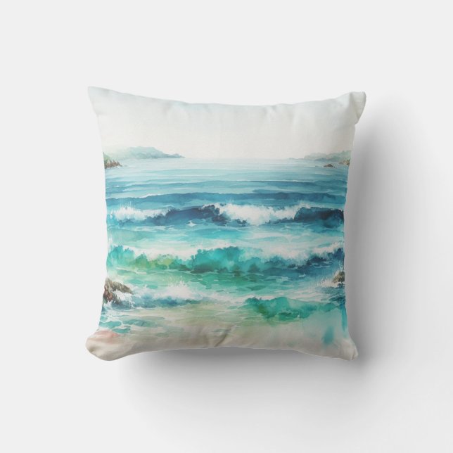 Oceaan golven strand aquarel schilderij kussen (Voorkant)