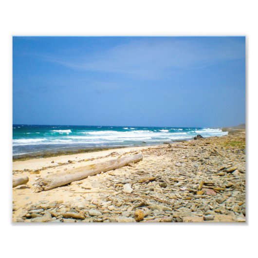 Oceaan golven strand met drijfhout, Caribisch deco Foto Afdruk (Voorkant)