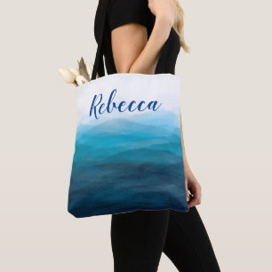 Oceaan golven strand watercolor tas, turquoise tote bag