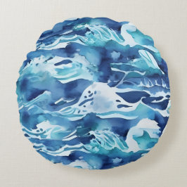 Oceaan golven | Teal waterverf Aqua blauw Rond Kussen