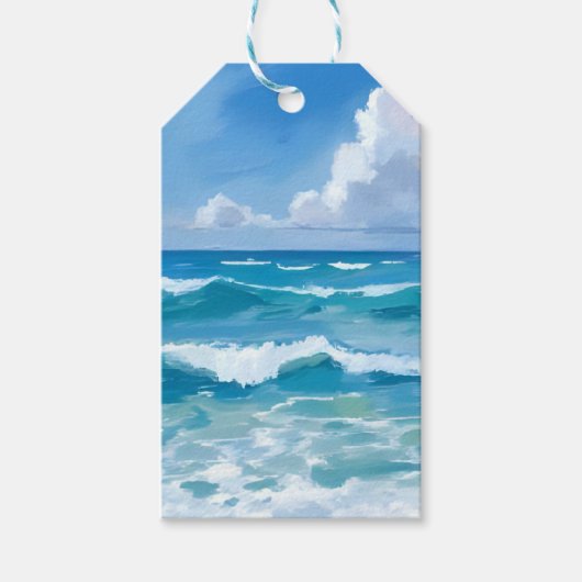 Oceaan golven waterverf strand kust bruiloft cadeaulabel (Voorkant)
