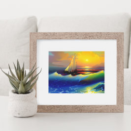 Oceaan golven, zeilboot en zonsondergang reflectie poster