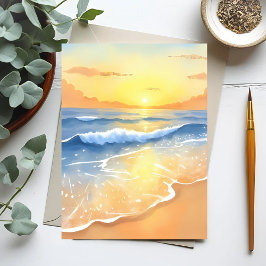 Oceaan golven zonsondergang | Strand aquarel Briefkaart