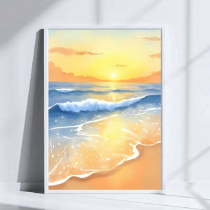 Oceaan golven zonsondergang Strand aquarel Poster