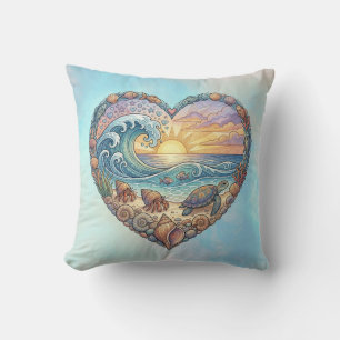 Oceaan Hart Kustgolf Zeeschildpad Strand Zonsonder Kussen