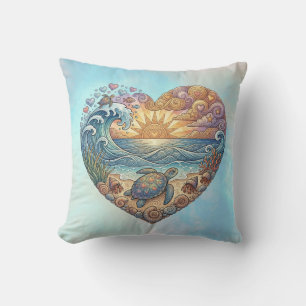 Oceaan Hart Kustgolf Zeeschildpad Strand Zonsonder Kussen