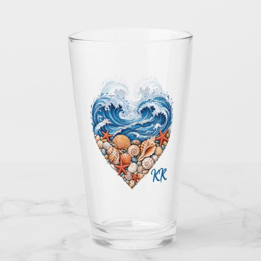 Oceaan Hartgolven en Schelpen – Kust Personaliseer Glas (Achterkant)