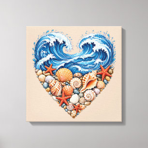 Oceaan Hartgolven en Schelpen – Kust Strand Muur Canvas Afdruk