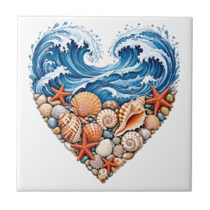 Oceaan Hartgolven Schelpen – Kust Strand Kunst Tegeltje