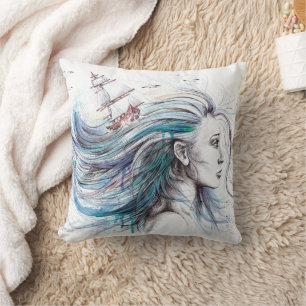 Oceaan meisje Nautische Surrealistische aquarel ku Kussen