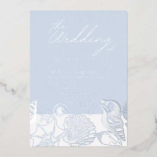 Oceaan Moderne Echt Zilveren Folie Trouw Uitnodigi Folie Uitnodiging (Voorkant)