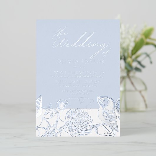 Oceaan Moderne Echt Zilveren Folie Trouw Uitnodigi Folie Uitnodiging (Staand Voorkant)
