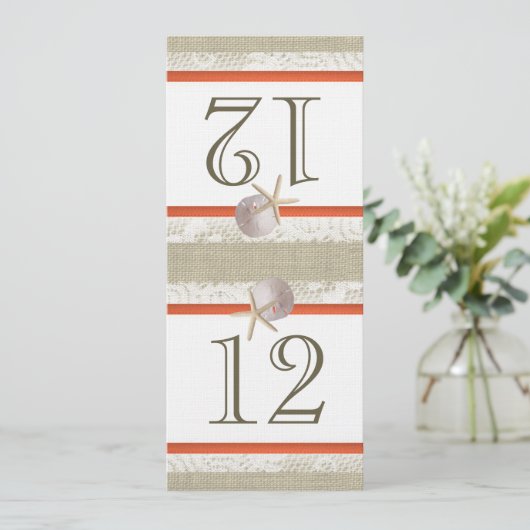 Oceaan Romantiek Burlap en Kant Koraal Tafelnummer (Staand voorkant)