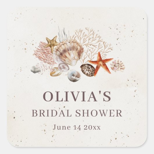 Oceaan Schelpen Strand Boho Kust Bruiloftsborrel Vierkante Sticker (Voorkant)