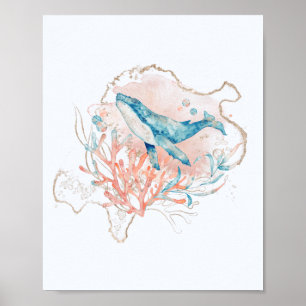 Oceaan Thema Roze & Blauwe Aquarel Walvis Zee Poster