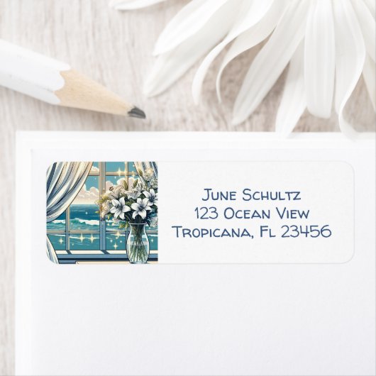 oceaan Uitzicht en vaas van bloemen Etiket (Insitu)