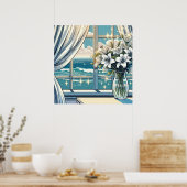  oceaan Uitzicht en vaas van bloemen Poster (Keuken)