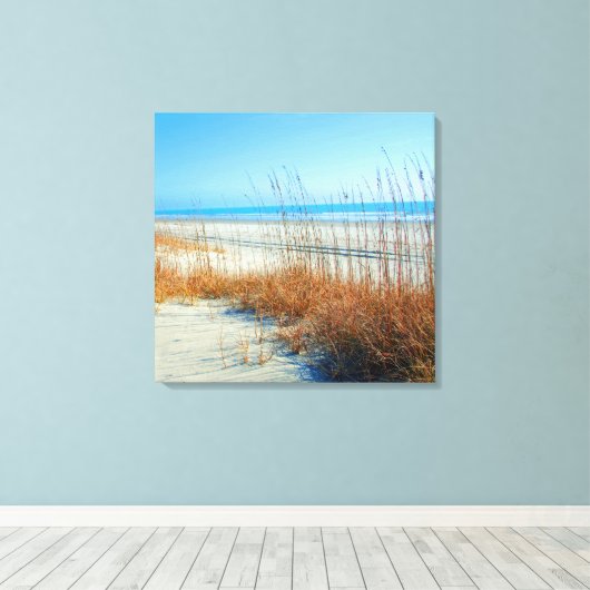 Oceaan, Zand en Zeegras in North Myrtle Beach Canvas Afdruk (Insitu (Houten vloer))