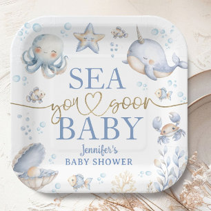 Oceaan Zee Je Binnenkort Baby Shower Jongen Blauw Papieren Bordje