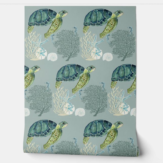 Oceaan Zee schildpad koraal en schelpen Behang (Afrollen)