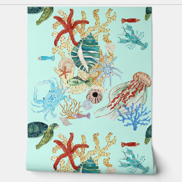 Oceaan Zee Schildpad Krab Zeester Waterverf Scène Behang