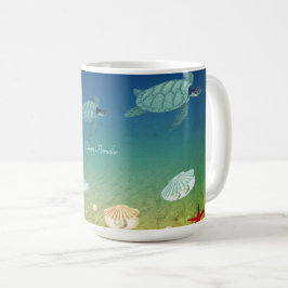 Oceaan, zeeschildpadden, schelpen, parels & kallig koffiemok