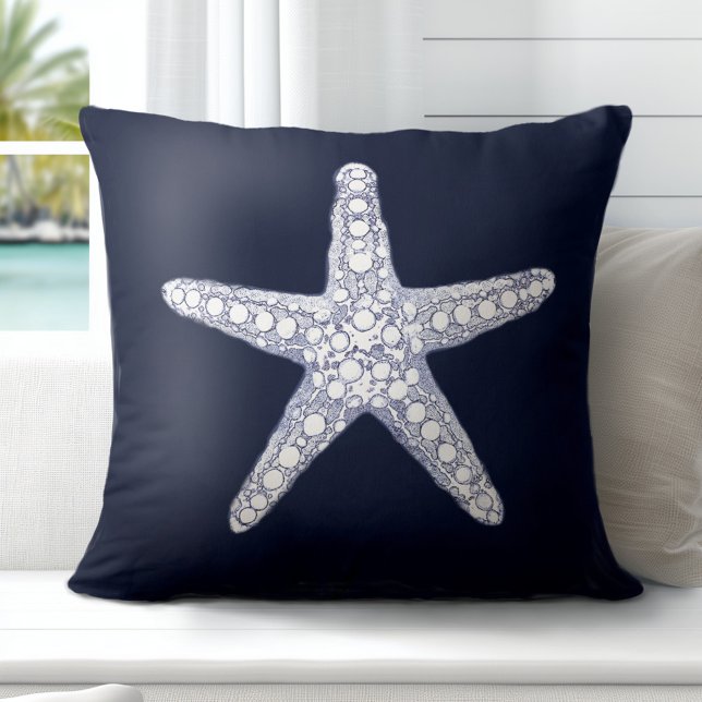 Oceaan Zeesterren Navy Blauw Wit Sierkussen (Elevate Your Décor: Discover our Elegant Coastal Throw Pillows in Blue & White)