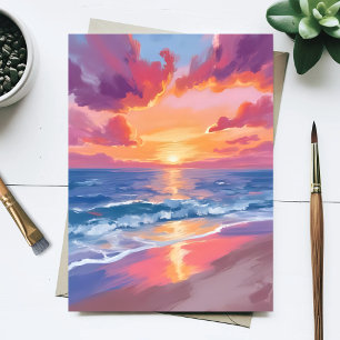 Oceaan Zonsondergang Aquarel Golven Zee Schilderij Briefkaart