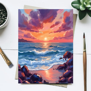 Oceaan Zonsondergang Aquarel Strand Kust Briefkaart