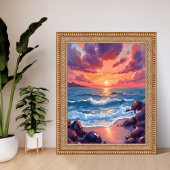 Oceaan Zonsondergang Aquarel Strand Kust Poster