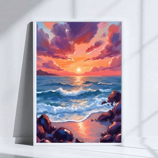 Oceaan Zonsondergang Aquarel Strand Kust Poster
