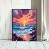 Oceaan Zonsondergang Aquarel Strand Kust Poster