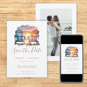 Oceaan Zonsondergang Foto Strandstoelen Trouwdag Save The Date