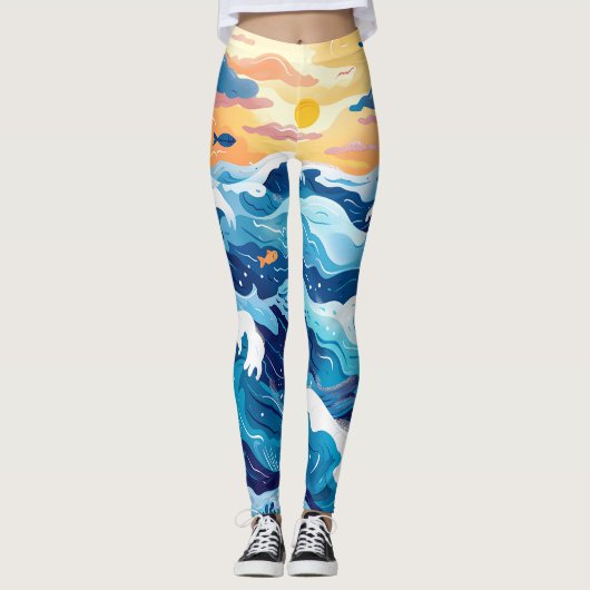 Oceaan Zonsondergang Golfprint Leggings (Voorkant)