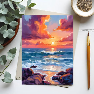 Oceaan Zonsondergang Pastel Waterverf Strand Briefkaart