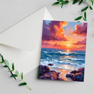 Oceaan Zonsondergang Pastel Waterverf Strandkaart