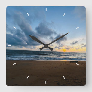 Oceaan Zonsondergang Strand Foto Decoratieve Wandk Vierkante Klok
