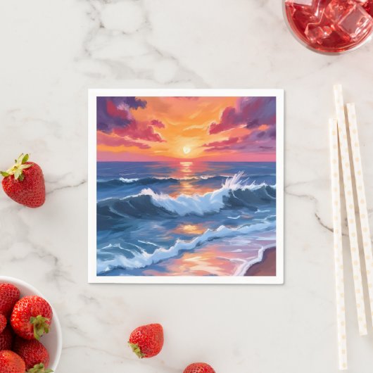 Oceaan Zonsondergang Strand Golven Aquarel Kaart Servet (Insitu)