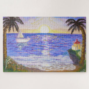 Oceaan zonsopgang, kustlandschap, jacht & palmen k legpuzzel