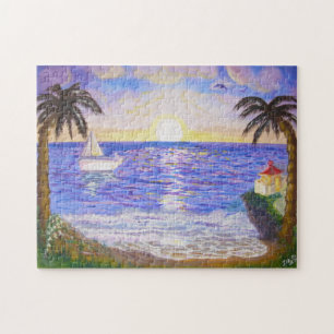 Oceaan zonsopgang, kustlandschap, jacht & palmen k legpuzzel