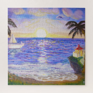 Oceaan zonsopgang, kustlandschap, jacht & palmen k legpuzzel