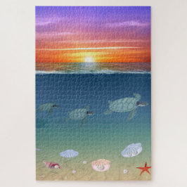 Oceaan zonsopgang, schildpadden, sterren, schelpen legpuzzel