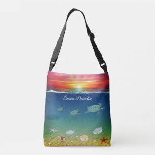 Oceaan zonsopgang, zeeschildpadden, schelpen en ka crossbody tas