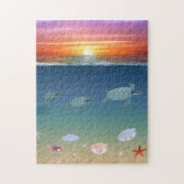 Oceaan zonsopgang, zeeschildpadden, sterren, schel legpuzzel