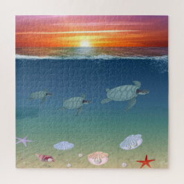 Oceaan zonsopgang, zeeschildpadden, sterren, schel legpuzzel