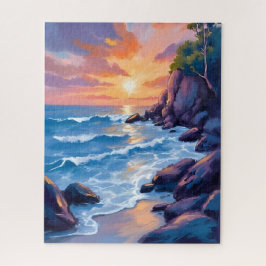 Oceaanbaai Zonsondergang | Waterverf Strand Oever Legpuzzel