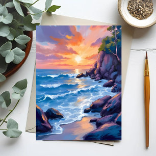 Oceaanbaai Zonsondergang   Waterverf voor Strand O Briefkaart