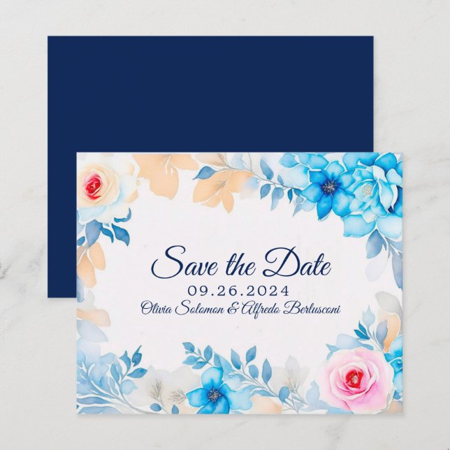 Oceaanblauw aquarel bloemig Save the Date (Voorkant / Achterkant)