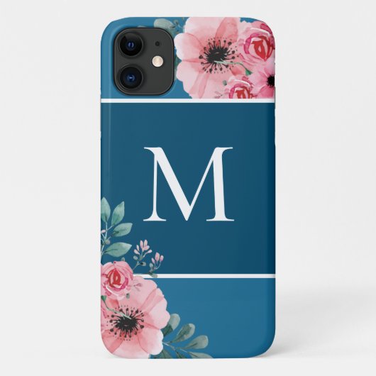 Oceaanblauw | Floral monogram kleurenblok Case-Mate iPhone Case (Achterkant)