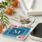 Oceaanblauw | Floral Photo Monogram Key Ring Sleutelhanger (Voorkant Rechts)